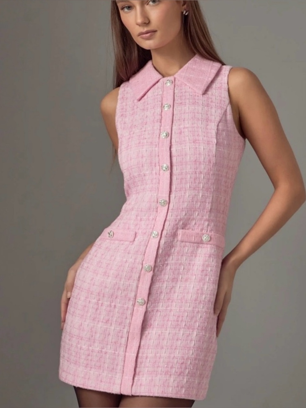 NWT Endless Rose Pink Tweed Button-Front Mini Dress